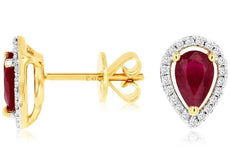 1.02CT DIAMOND & AAA RUBY 14KT 2 TONE GOLD PEAR SHAPE & ROUND HALO STUD EARRINGS