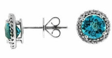 2.65CT ROUND DIAMOND & AAA BLUE TOPAZ ROUND 14KT WHITE GOLD HALO STUD EARRINGS