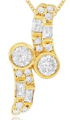 .37CT DIAMOND 18KT YELLOW GOLD 3D ROUND & BAGUETTE DOUBLE SOLITAIRE LOVE PENDANT
