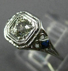 ANTIQUE .53CT DIAMOND & AAA SAPPHIRE 18K WHITE GOLD SQUARE ENGAGEMENT RING 26026