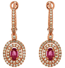 1.15CT DIAMOND & AAA RUBY 14K ROSE GOLD 3D OVAL & ROUND DOUBLE HALO FUN EARRINGS