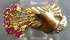 ESTATE .33CT DIAMOND & AAA RUBY 14K YELLOW GOLD 3D HAND HOLDING FLOWER LOVE RING