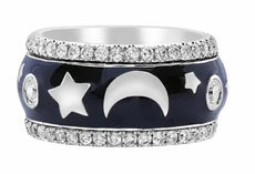 WIDE 1.38CT DIAMOND BLACK ENAMEL 18K WHITE GOLD MOON & STAR ETOILE ETERNITY RING