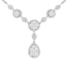 2.90CT DIAMOND 14KT WHITE GOLD 3D ROUND CLUSTER TEAR DROP LARIAT LOVE NECKLACE