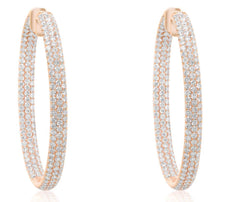 ESTATE 11.31CT DIAMOND 18K ROSE GOLD PAVE 3 ROW INSIDE OUT HOOP HANGING EARRINGS
