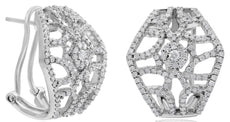 LARGE 1.18CT DIAMOND 14KT WHITE GOLD 3D FLOWER HEXAGON CLIP ON HANGING EARRINGS