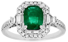 2.0CT DIAMOND & AAA EMERALD 14KT WHITE GOLD 3D ROUND & BAGUETTE ENGAGEMENT RING