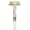 .99CT WHITE & FANCY YELLOW DIAMOND 18KT 2 TONE GOLD 3 STONE HALO ENGAGEMENT RING