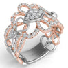 WIDE .98CT DIAMOND 14KT WHITE & ROSE GOLD 3D MULTI FLOWER DOUBLE HEART FUN RING