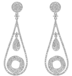 LARGE 1.51CT DIAMOND 14KT WHITE GOLD 3D CIRCULAR PAVE TEAR DROP HANGING EARRINGS