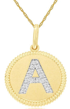 .07CT DIAMOND 14KT YELLOW GOLD 3D CLASSIC A INITIAL CIRCULAR FLOATING PENDANT
