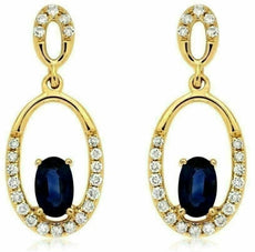ESTATE .80CT DIAMOND & AAA SAPPHIRE 14K YELLOW GOLD OVAL ETOILE HANGING EARRINGS