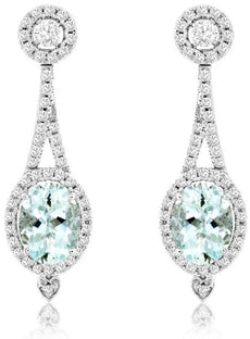 2.83CT DIAMOND & AAA AQUAMARINE 14KT WHITE GOLD 3D OVAL & ROUND HANGING EARRINGS