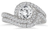 1.5CT DIAMOND 14KT WHITE GOLD 3D DOUBLE SWIRL ROUND ENGAGEMENT WEDDING RING SET