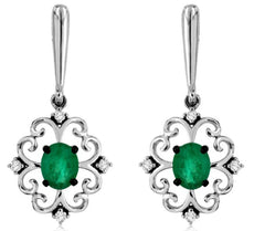 .78CT DIAMOND & AAA EMERALD 14KT WHITE GOLD OVAL & ROUND FLOWER HANGING EARRINGS