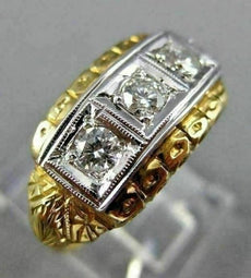 ANTIQUE .45CT DIAMOND 14KT WHITE & YELLOW GOLD 3 STONE FILIGREE LOVE RING #2114