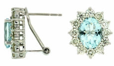 ESTATE 4.70CT DIAMOND & AAA AQUAMARINE 14KT WHITE GOLD OVAL HALO FLOWER EARRINGS