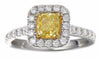1.54CT WHITE & FANCY YELLOW DIAMOND 18K 2 TONE GOLD 3D CUSHION & ROUND HALO RING