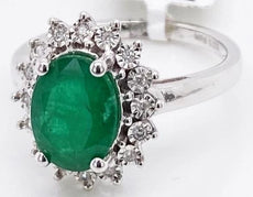 2.11CT DIAMOND & AAA EMERALD 14KT WHITE GOLD OVAL & ROUND FLOWER ENGAGEMENT RING