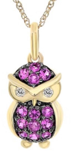 .31CT DIAMOND & AAA PINK SAPPHIRE 14K YELLOW GOLD HAPPY OWL FUN FLOATING PENDANT