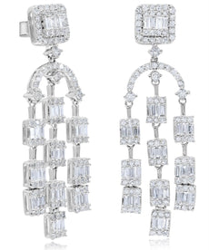 EXTRA LARGE 1.94CT DIAMOND 18KT WHITE GOLD ROUND & BAGUETTE CHANDELIER EARRINGS