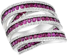 LARGE 5.40CT DIAMOND & AAA RUBY 18KT WHITE GOLD MULTI ROW FUN ANNIVERSARY RING