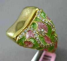ESTATE LARGE .35CT DIAMOND 14K YELLOW GOLD GREEN & PINK ENAMEL FILIGREE FUN RING