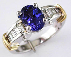 3.51CT DIAMOND & AAA TANZANITE 14KT 2 TONE GOLD OVAL & BAGUETTE ENGAGEMENT RING