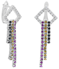 1.97CT WHITE & BLACK DIAMOND & AAA PINK YELLOW SAPPHIRES 14K WHITE GOLD EARRINGS