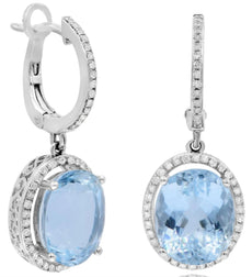 LARGE 5.80CT DIAMOND & AAA AQUAMARINE 14KT WHITE GOLD OVAL & ROUND FUN EARRINGS