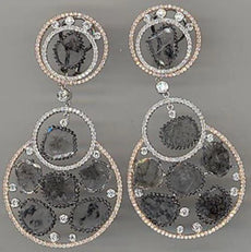 LARGE 9.64CT WHITE & SLICE DIAMOND 18KT 2 TONE GOLD FUN CLIP ON HANGING EARRINGS