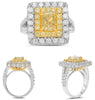 3.78CT WHITE & FANCY YELLOW DIAMOND 18KT TWO TONE GOLD 3D ROUND & CUSHION RING