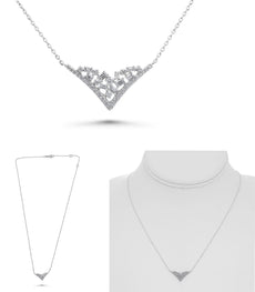 .31CT DIAMOND 14KT WHITE GOLD ROUND & BAGUETTE CLUSTER V SHAPE FUN LOVE NECKLACE