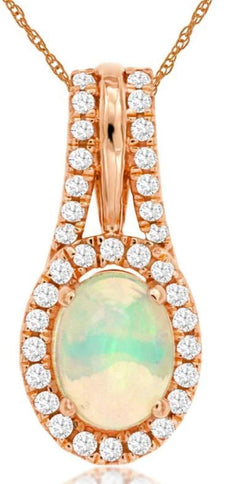 1.14CT DIAMOND & AAA OPAL 14K ROSE GOLD 3D OVAL & ROUND CLASSIC HALO FUN PENDANT