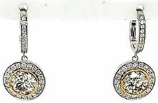 5.05CT WHITE & FANCY YELLOW DIAMOND 18KT 2 TONE GOLD ROUND HALO HANGING EARRINGS