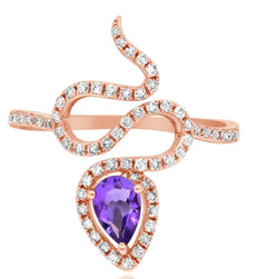 ESTATE .60CT DIAMOND & AAA AMETHYST 14KT ROSE GOLD PEAR SHAPE & ROUND SNAKE RING