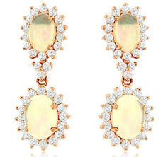 4.10CT DIAMOND & AAA OPAL 14KT ROSE GOLD 3D OVAL & ROUND DOUBLE FLOWER EARRINGS