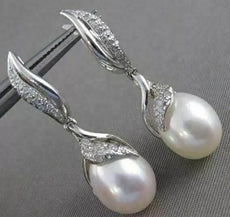 ESTATE LARGE DIAMOND 12MM SOUTH SEA PEARL 14KT WHITE GOLD HANGING EARRINGS #2664
