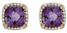 2.96CT DIAMOND & AAA AMETHYST 14KT WHITE ROSE GOLD CUSHION & ROUND STUD EARRINGS