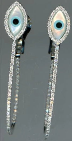 LARGE .75CT DIAMOND & AAA MOTHER OF PEARL 14KT WHITE GOLD EVIL EYE OVAL EARRINGS