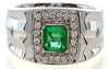 LARGE .82CT DIAMOND & AAA EMERALD 18KT WHITE GOLD SQUARE & ROUND MENS GYPSY RING
