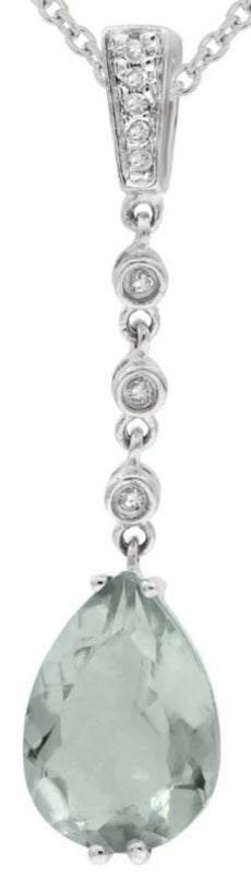 1.69CT DIAMOND & AAA GREEN AMETHYST 14K WHITE GOLD 3D PEAR SHAPE & ROUND PENDANT