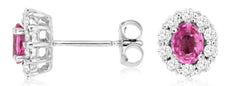 1.35CT DIAMOND & AAA PINK SAPPHIRE 14KT WHITE GOLD 3D OVAL & ROUND STUD EARRINGS