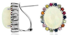 6.80CT AAA SAPPHIRE & OPAL 14KT WHITE GOLD OVAL & ROUND CLIP ON HANGING EARRINGS