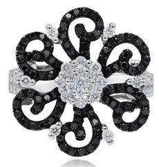 1.07CT WHITE & BLACK DIAMOND 18KT WHITE GOLD MULTI HEART FLOWER FRIENDSHIP RING