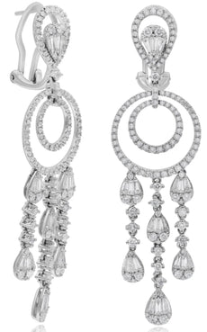 LARGE 3.17CT DIAMOND 18K WHITE GOLD 3D ROUND & BAGUETTE MULTI TEAR DROP EARRINGS