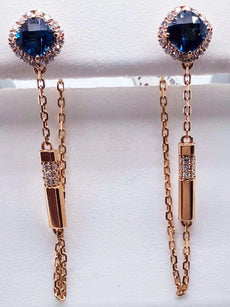 1.89CT DIAMOND & AAA LONDON BLUE TOPAZ 18K ROSE GOLD 3D SQUARE HANGING EARRINGS
