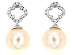 .15CT DIAMOND & AAA SOUTH SEA PEARL 14KT WHITE GOLD FLOWER FUN HANGING EARRINGS