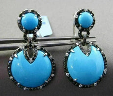 ANTIQUE LARGE 13.1CT MULTI COLOR DIAMOND & AAA TURQUOISE 14K WHITE GOLD EARRINGS