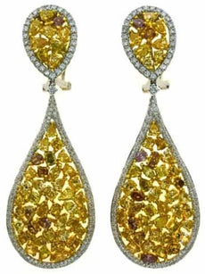 EXTRA LARGE 10.61CT MULTI COLOR DIAMOND 18KT TWO TONE GOLD TEAR DROP EARRINGS